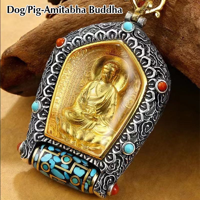 Tibet Chinese Zodiac Natal mystic zen Thangka Prosperity Rotatable Dzi Bead Necklace Pendant