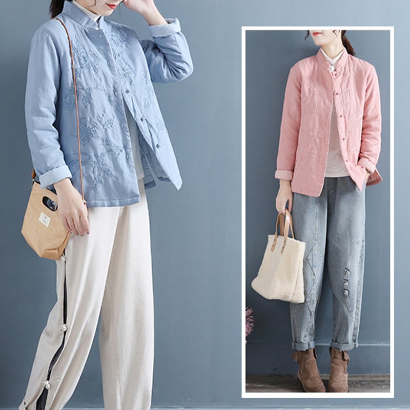 Retro Flower Design Thermal Long Sleeve Cotton Linen Women's Shirt