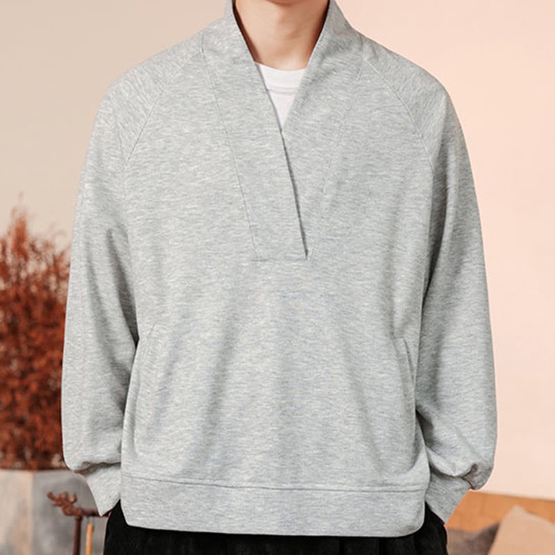 Fall Simple V-Neck Men's Sweatshirt Cotton Pullover With Pockets