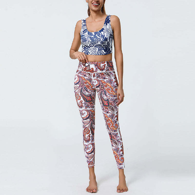 Flowers Feathers Sun Moon Print Sports Fitness Yoga High Waist Leggings Women's Pants
