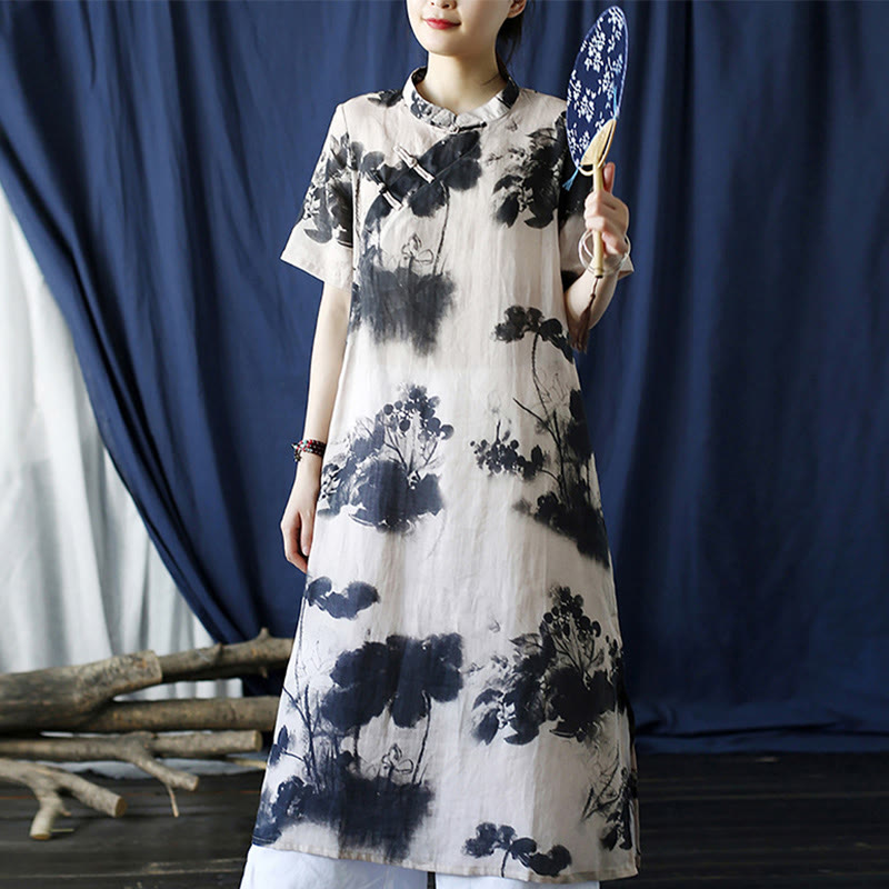 Ramie Linen Ink Lotus Leaf Cheongsam Dresses Short Sleeve Dress