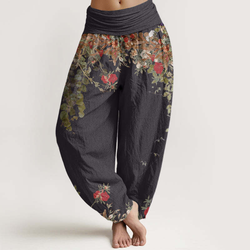 Casual Red Peony Flower Vine Design Women's Elastic Waist Harem Pants