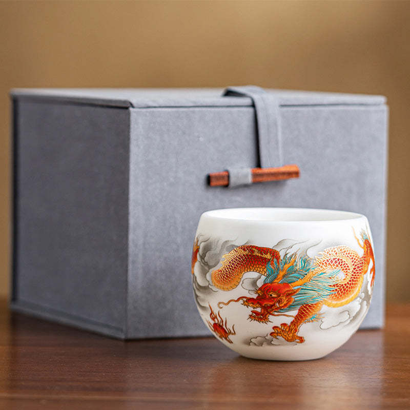 Dragon Phoenix Auspicious Clouds Ceramic Teacup Kung Fu Tea Cup With Gift Box