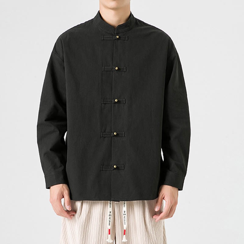 Solid Color Frog-button Tang Suit Cotton Men's Jacket Shirt