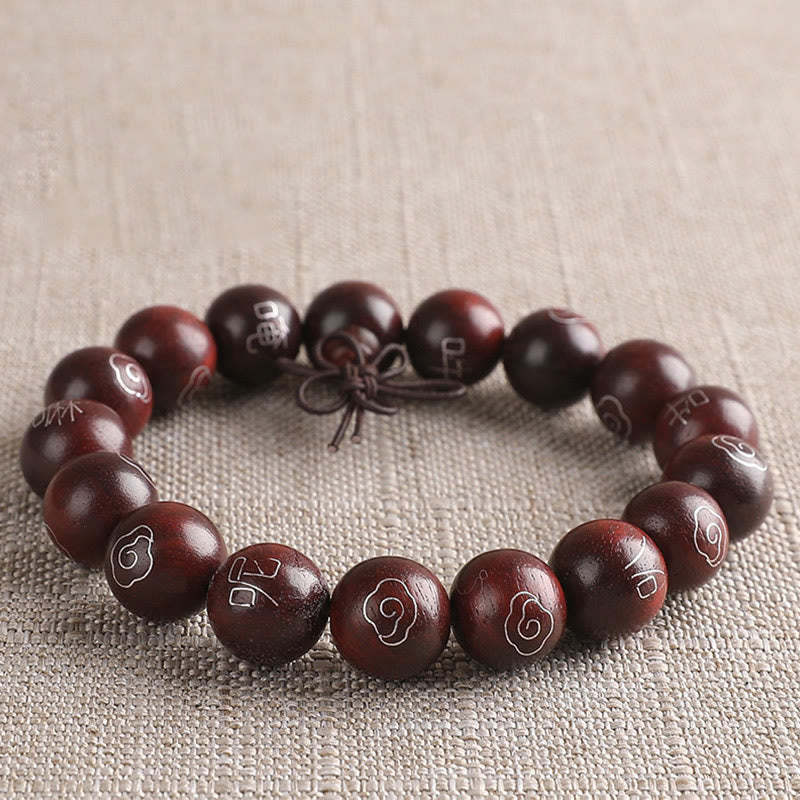 925 Sterling Silver Inlaid Small Leaf Red Sandalwood Om Mani Padme Hum Character Auspicious Clouds Protection Bracelet