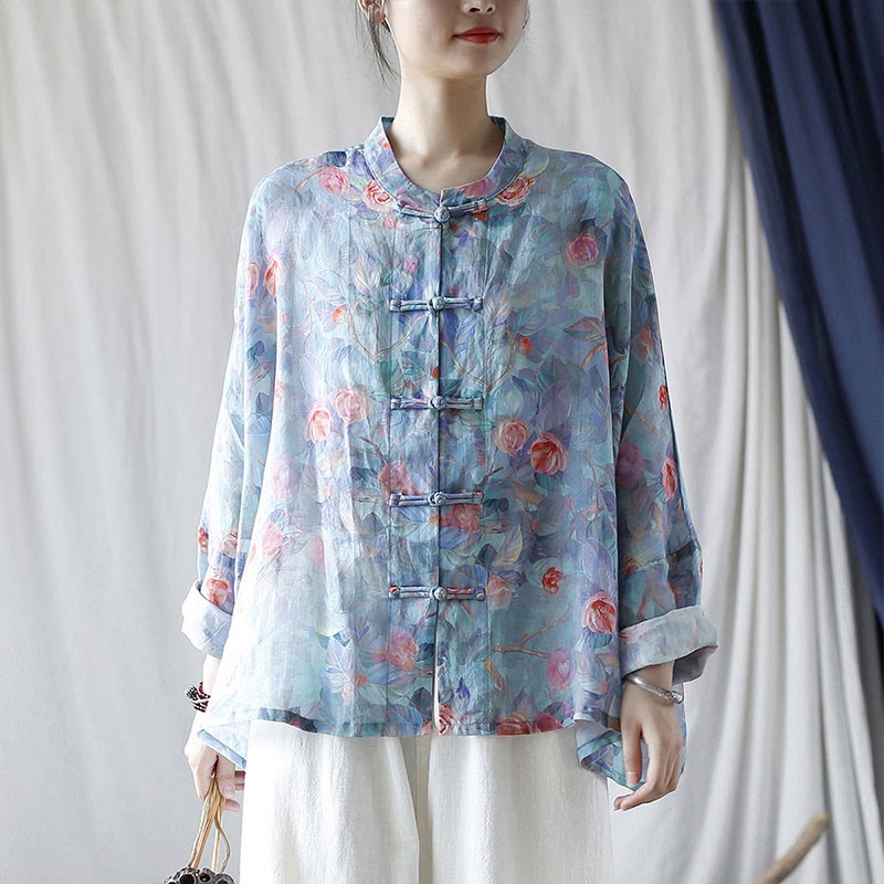 Pink Flowers Green Leaves Print Frog-button Design Long Sleeve Ramie Linen Jacket Shirt