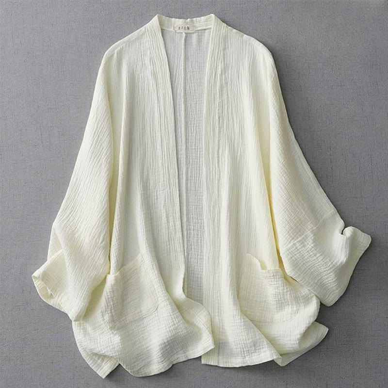 Zen Meditation Three Quarter Sleeve Open Front Cotton Jacket With Pockets