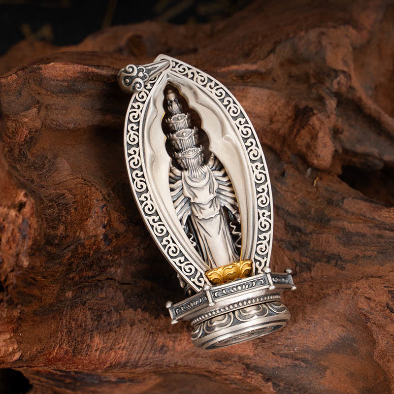 925 Sterling Silver Thousand-armed Guanyin Kwan Yin Avalokite?vara Wealth Necklace Pendant