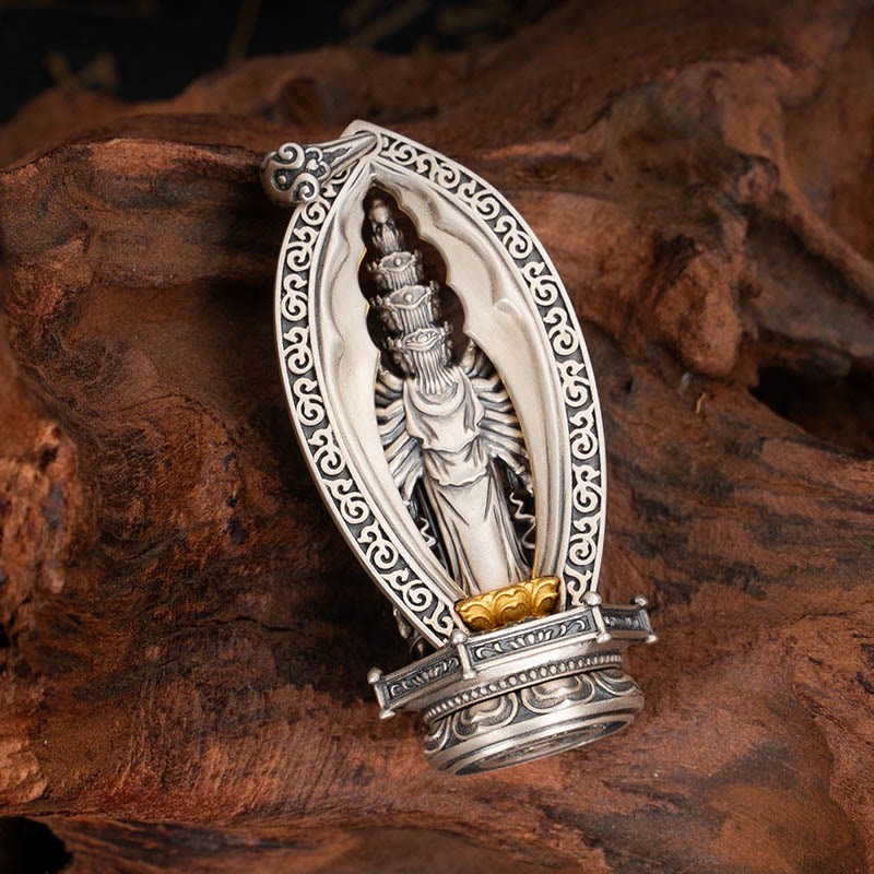 925 Sterling Silver Thousand-armed Guanyin Kwan Yin Avalokite?vara Wealth Necklace Pendant