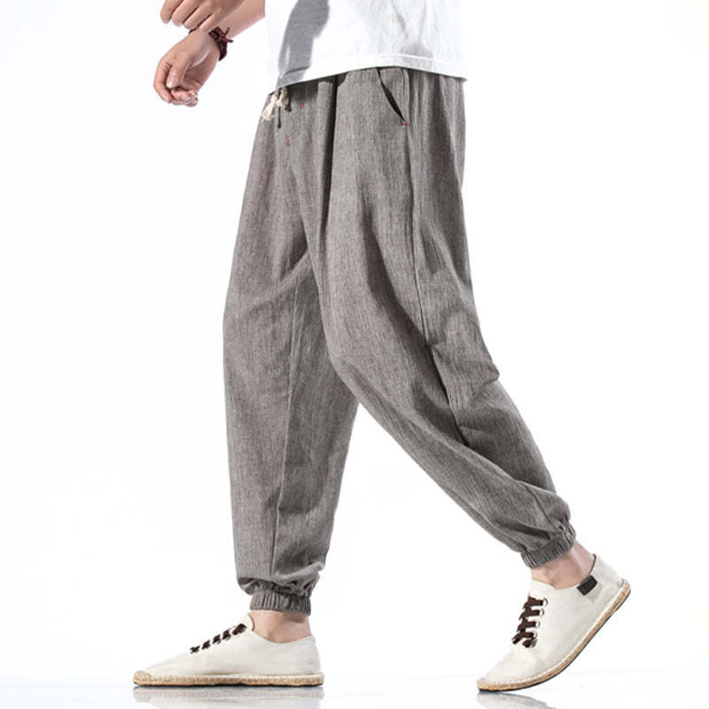 Casual Solid Color Drawstring Linen Men's Pants With Pockets