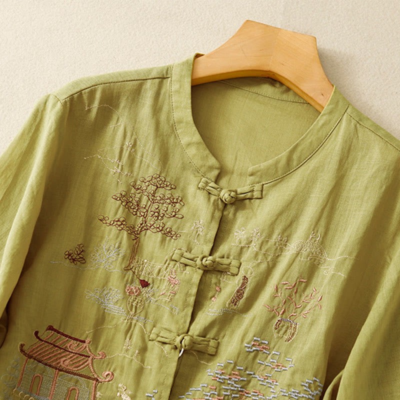 Casual Women's Frog-Button Embroidered Plant Crew Neck Design Three Quarter Sleeve Cotton Shirt