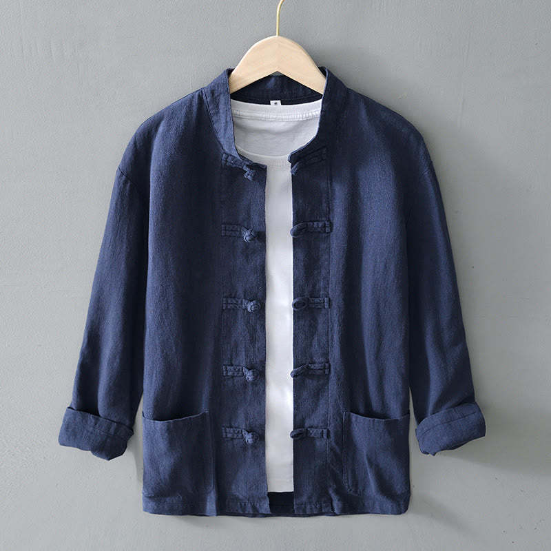 Frog-Button Chinese Tang Suit Ramie Linen Cotton Men Jacket Shirt With Pockets