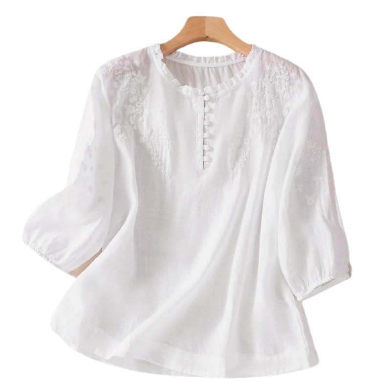Casual Plain Button Floral Embroidered Design Puff Half Sleeve Cotton Linen Women's Shirt