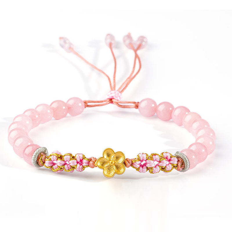 999 Sterling Silver Natural Red Agate Pink Crystal Cherry blossom Bracelet