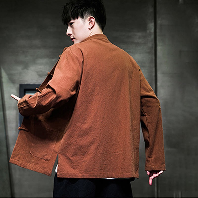 Solid Color Frog-button Tang Suit Cotton Linen Men's Jacket Shirt With Pockets