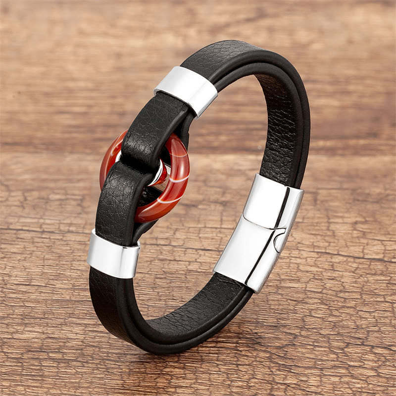 Round Green Aventurine Black Onyx Hematite Agate Rose Quartz Stone Balance Leather Magnetic Buckle Bracelet
