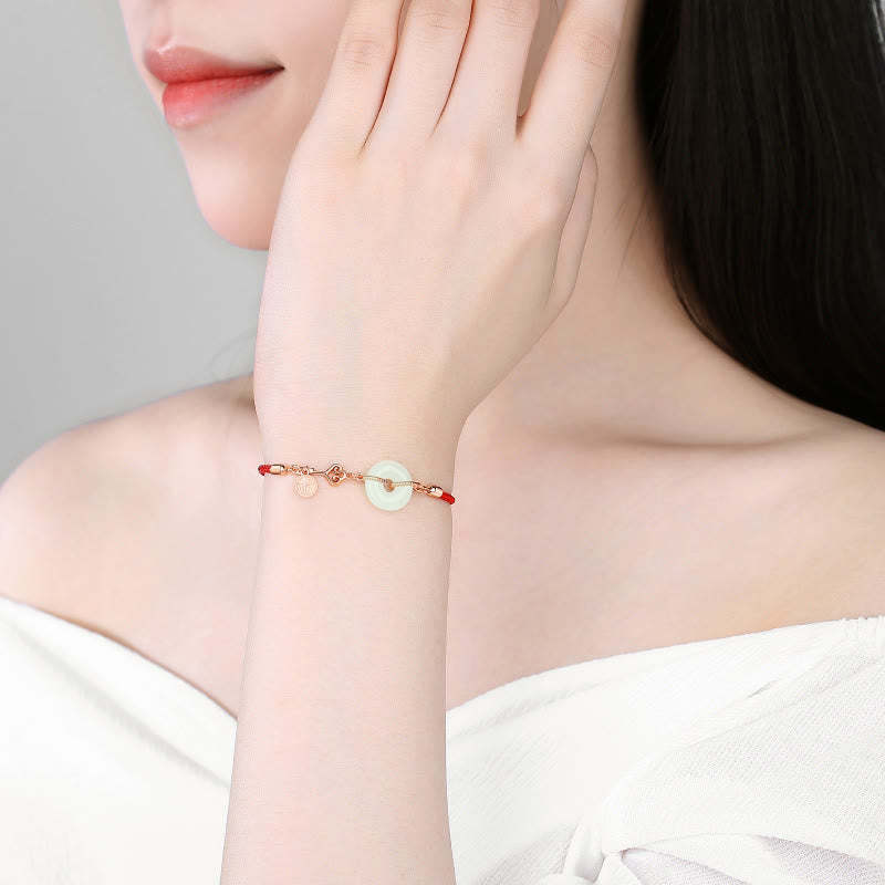 Natural Hetian Jade Peace Buckle 925 Sterling Silver Red String Fu Character Protection Luck Bracelet