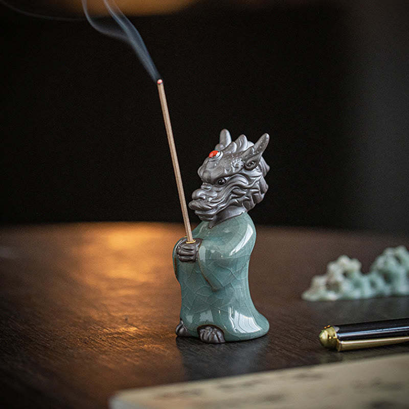 Praying Dragon King Lotus Base Fu Character Ceramic Healing Incense Burner Desk Decoration