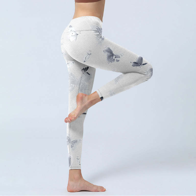 White Gray Butterfly Print Sports Leggings Women's Yoga Pants