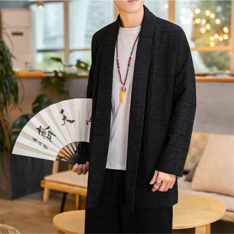 Fall Simple Loose Plain Linen Blend Men's Mid-length Coat Clothing