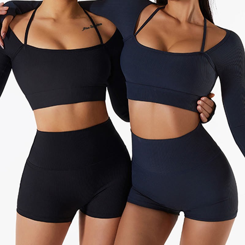 Ribbed Long Sleeve Crop Top T-shirt Shorts Sports Fitness Gym Yoga Outfits
