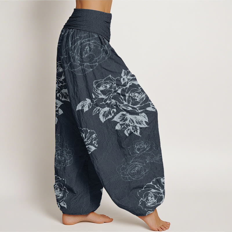 Casual Rose Peony Flowers Women's Elastic Waist Harem Pants