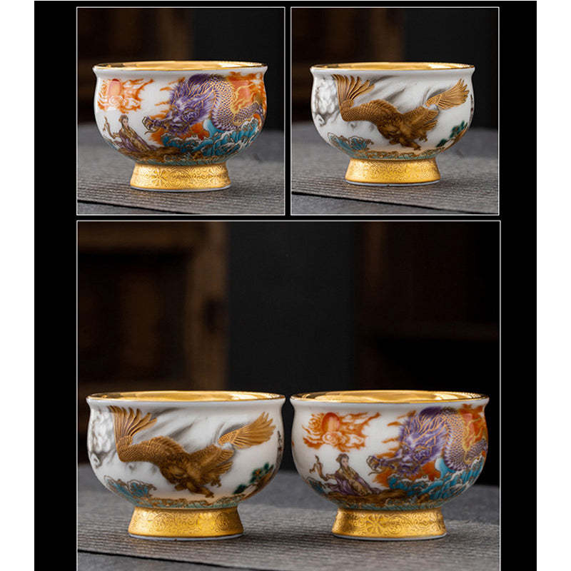 Golden Eagle Auspicious Dragon Sun Ocean Waves Gilt Ceramic Teacup Kung Fu Tea Cup
