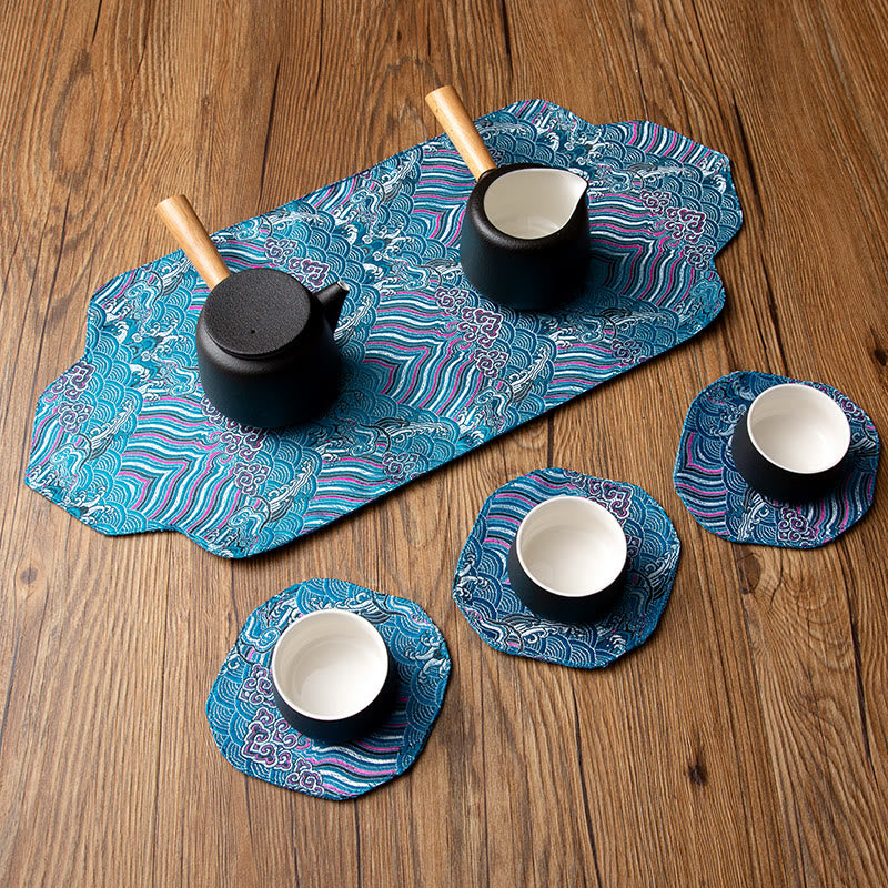 Sea Wave Bamboo Plum Blossom Brocade Embroidery Cup Mat Pad Tea Cup Coaster Kung Fu Tea Mat