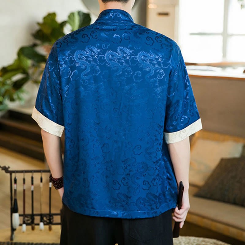 Chinese Tang Suit Frog-button Dragon Print Men's Half Sleeve Shirts