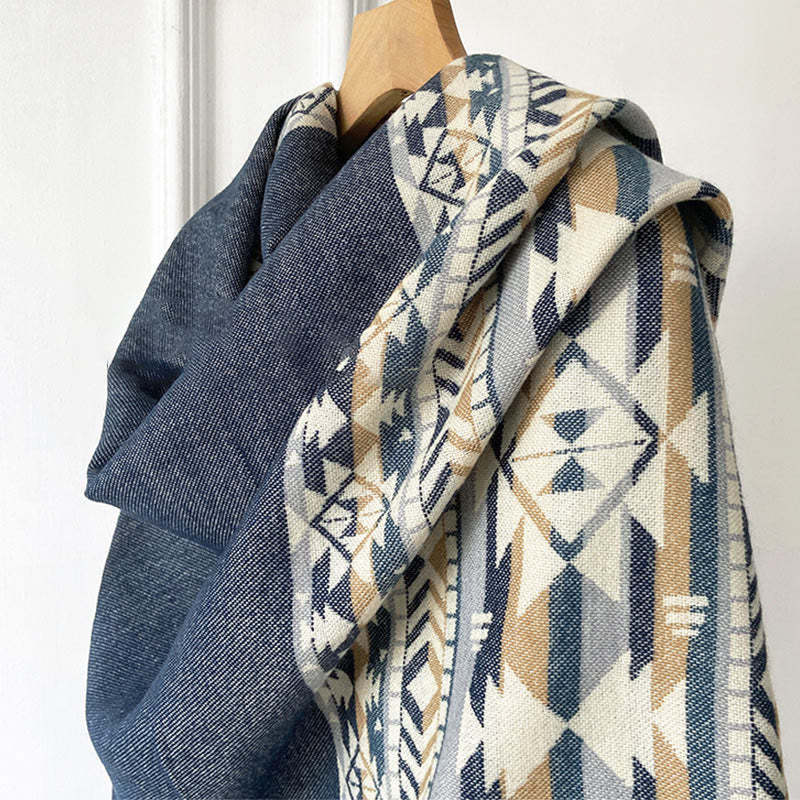 Tibetan Geometric Rhombus Pattern Tassels Shawl Fall Winter Warm Cozy Scarf Wrap
