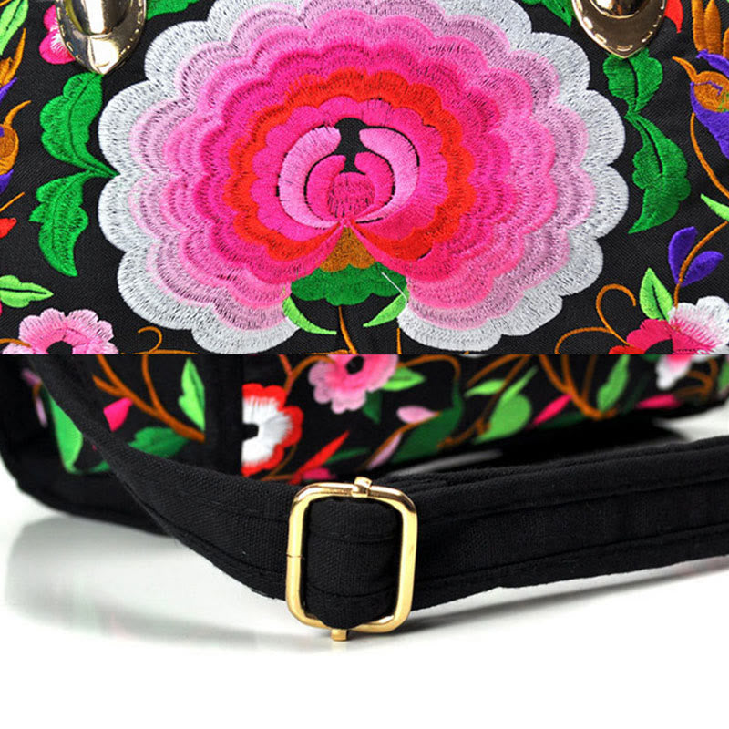 Money Tree Peony Camellia Double-Sided Embroidery Canvas Shopping Purse Handbag Crossbody Bag