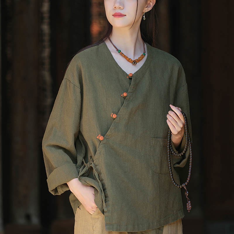 Solid Color Ramie Linen Loose Blouse Long Sleeve Shirt Chinese Hanfu Top