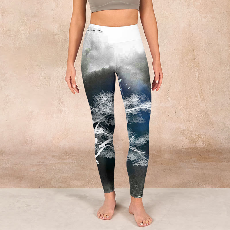 Ink Painting Pine Tree Print Gym Leggings Women's Yoga Pants