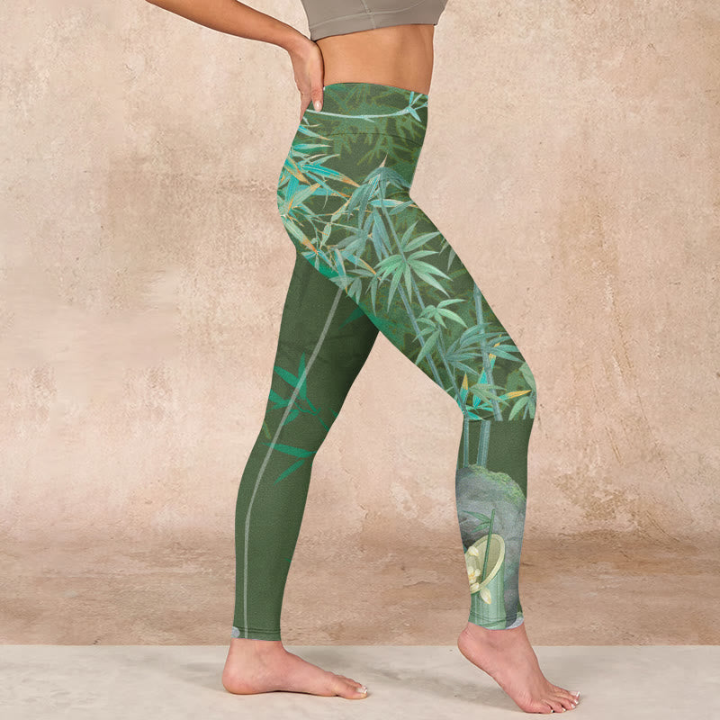 Green Bamboo Rock Flower Print Gym Leggings Women's Yoga Pants