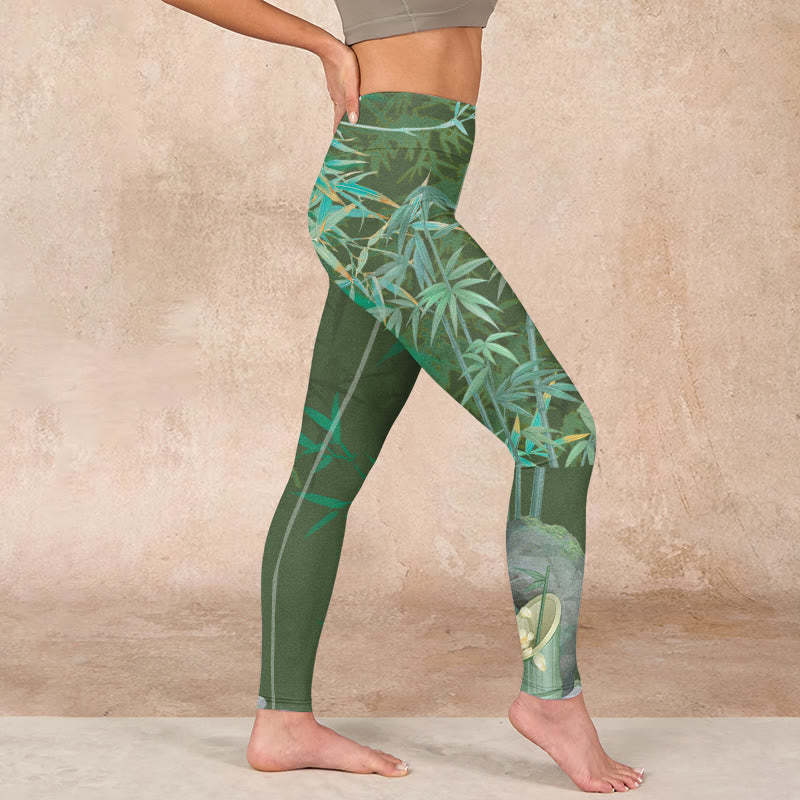 Green Bamboo Rock Flower Print Gym Leggings Women's Yoga Pants