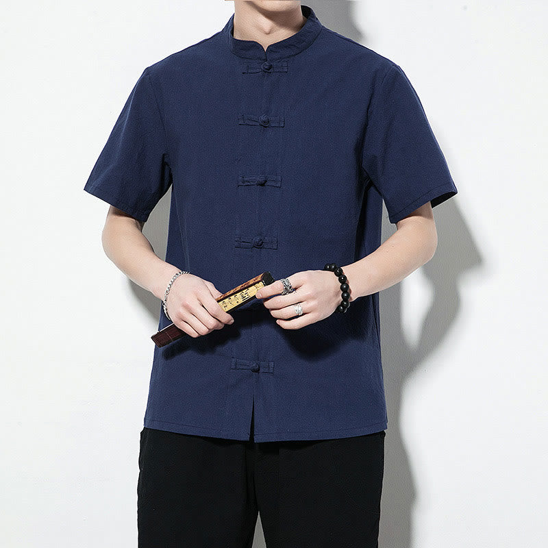 Casual Solid Color Front Frog Buttons Chinese Tang Suit Short Sleeve Linen Men's Shirt