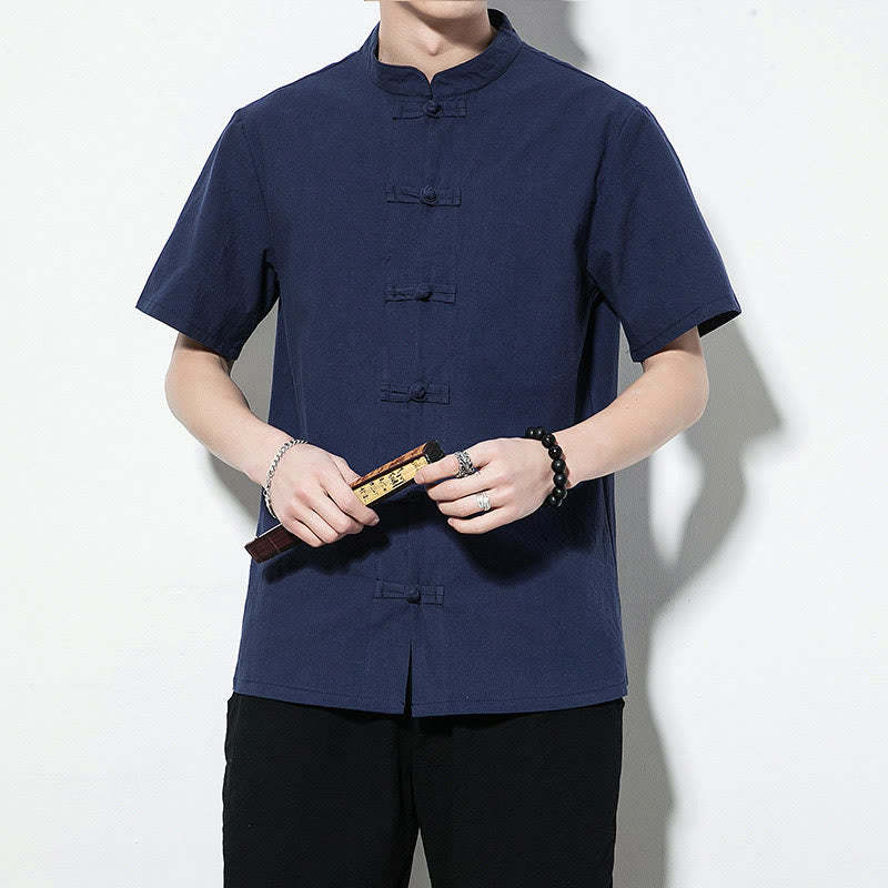 Casual Solid Color Front Frog Buttons Chinese Tang Suit Short Sleeve Linen Men's Shirt