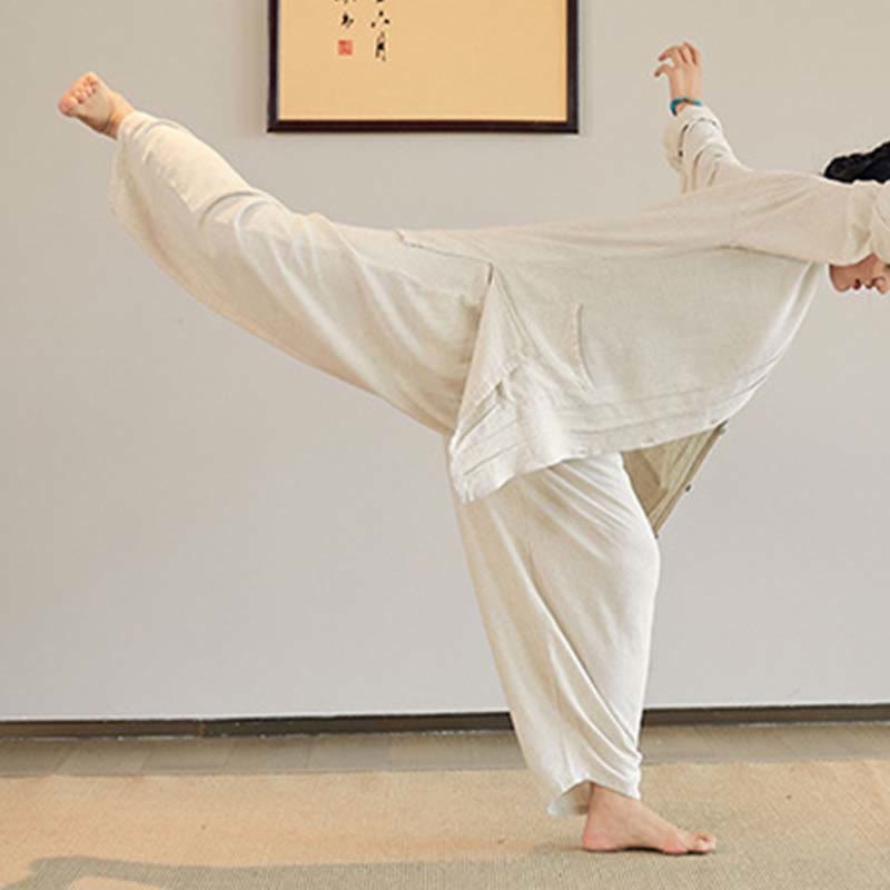 Plain Long Sleeve Coat Jacket Top Wide Leg Pants Zen Tai Chi Yoga Meditation Clothing