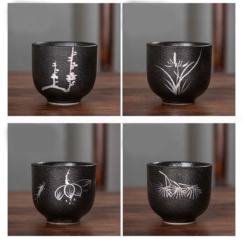 Hand Painted Lotus Flower Bamboo Chrysanthemum Black Pottery Ceramic Teacup Kung Fu Tea Cup 95ml