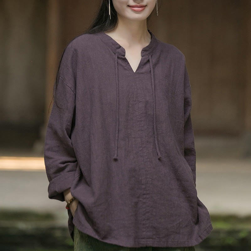 Retro Solid Color Long Sleeve Ramie Linen Women's Shirt