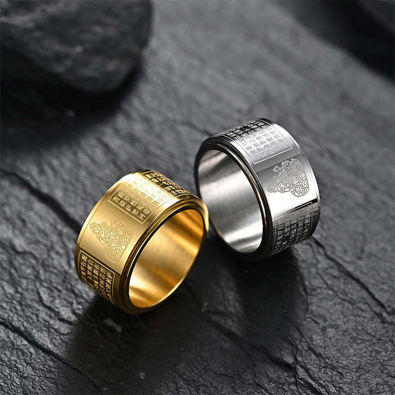 Chinese Zodiac Natal mystic zen Heart Sutra Carved Titanium Steel Calm Rotatable Ring