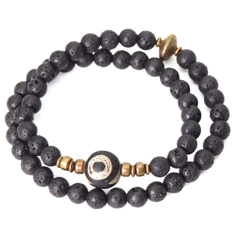 Vintage Lava Rock Three-eyed Dzi Bead Copper Brass Beads Double Wrap Healing Bracelet