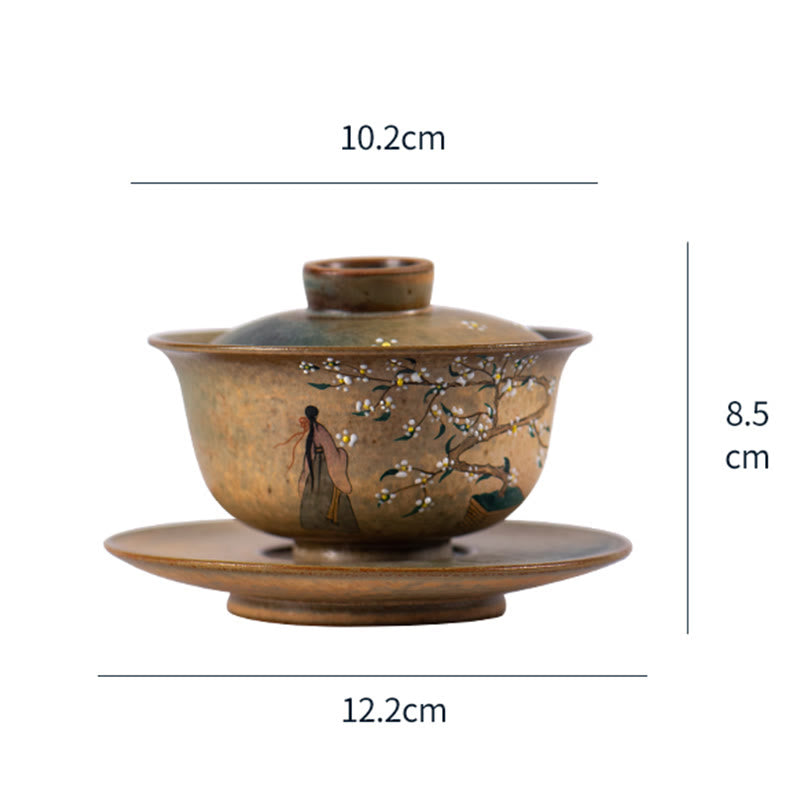Jingdezhen Hand Painted Ru Kiln Porcelain Hanfu Girl Flower Ceramic Gaiwan Sancai Teacup Kung Fu Tea Cup And Saucer With Lid