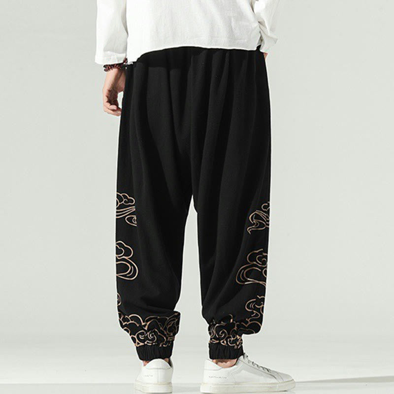 Auspicious Clouds Cotton Linen Men's Drawstring Harem Pants With Pockets