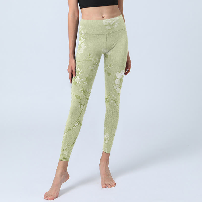 White Plum Blossoms Print Gym Leggings Women's Yoga Pants