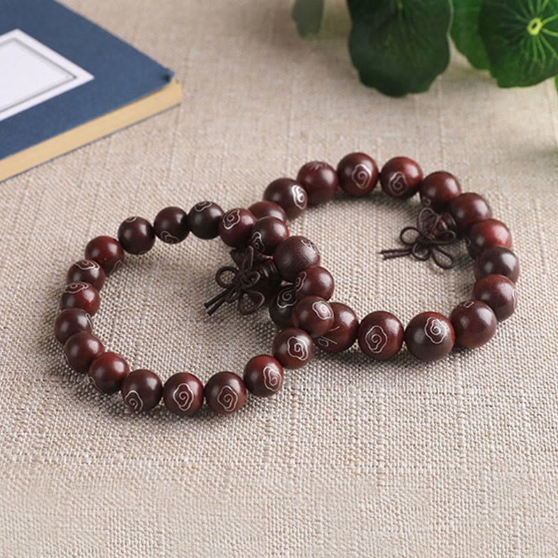 925 Sterling Silver Inlaid Small Leaf Red Sandalwood Om Mani Padme Hum Character Auspicious Clouds Protection Bracelet