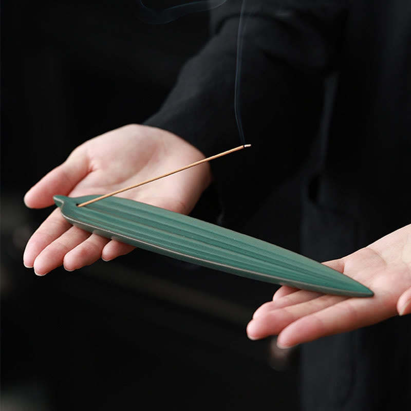 Green Bamboo Leaf Healing Ceramic Incense Burner Decoration