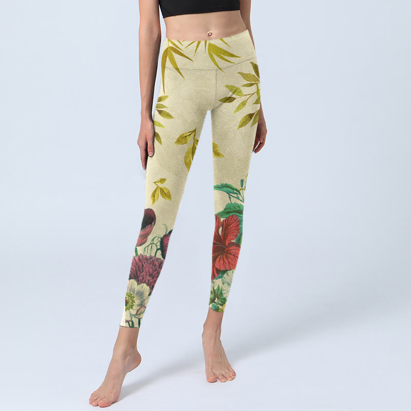 Golden Green Leaves Colorful Flowers Gym Leggings Women's Yoga Pants