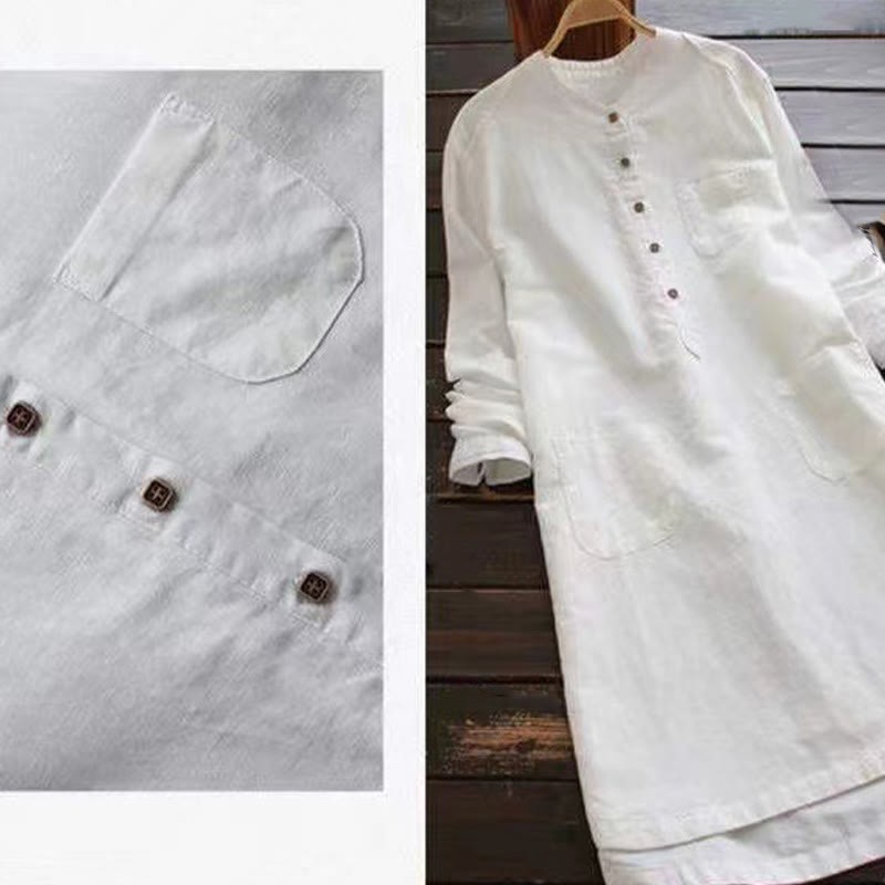 Solid Buttons Long Sleeve Cotton Linen Women's Shirt Dress With Pockets