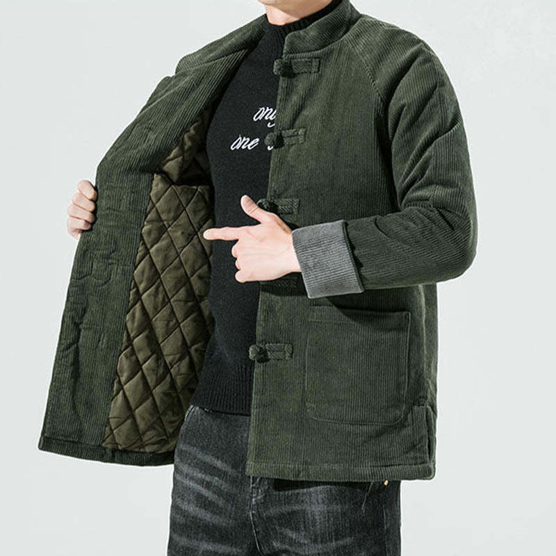 Frog-Button Chinese Tang Suit Stand Collar Long Shirt Corduroy Men Cotton Jacket Clothing